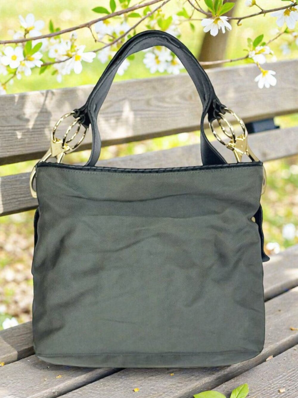 JPK Paris 75 Green Nylon Bucket Shoulder Bag Purse Tote w/Heavy Buckles 15"x12"